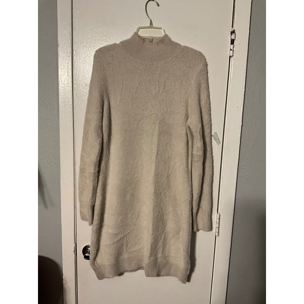 Bailey 44 Cream Fuzzy Metallic Mock Neck Sweater Dress Womens Large Sparkle Soft